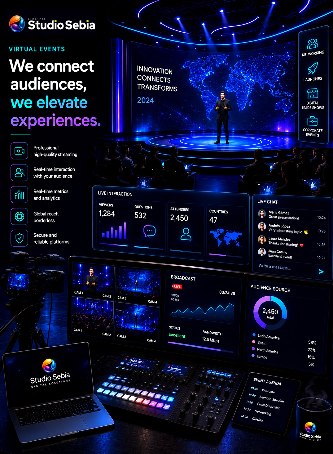 Virtual events and professional streaming for companies and international conferences